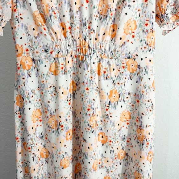 Loft Floral Print Short Sleeve Cinched‎ Waist Midi Dress White 12 Cottagecore - Picture 5 of 11